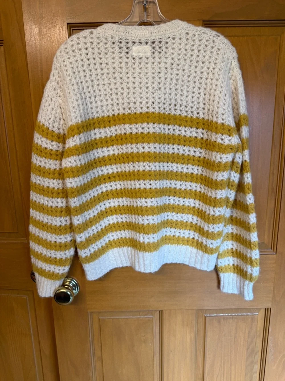 MOTHER  The Jumper- Mostly Sunny Open-Knit Crew Sweater in Cream and Mustard - Picture 2 of 5